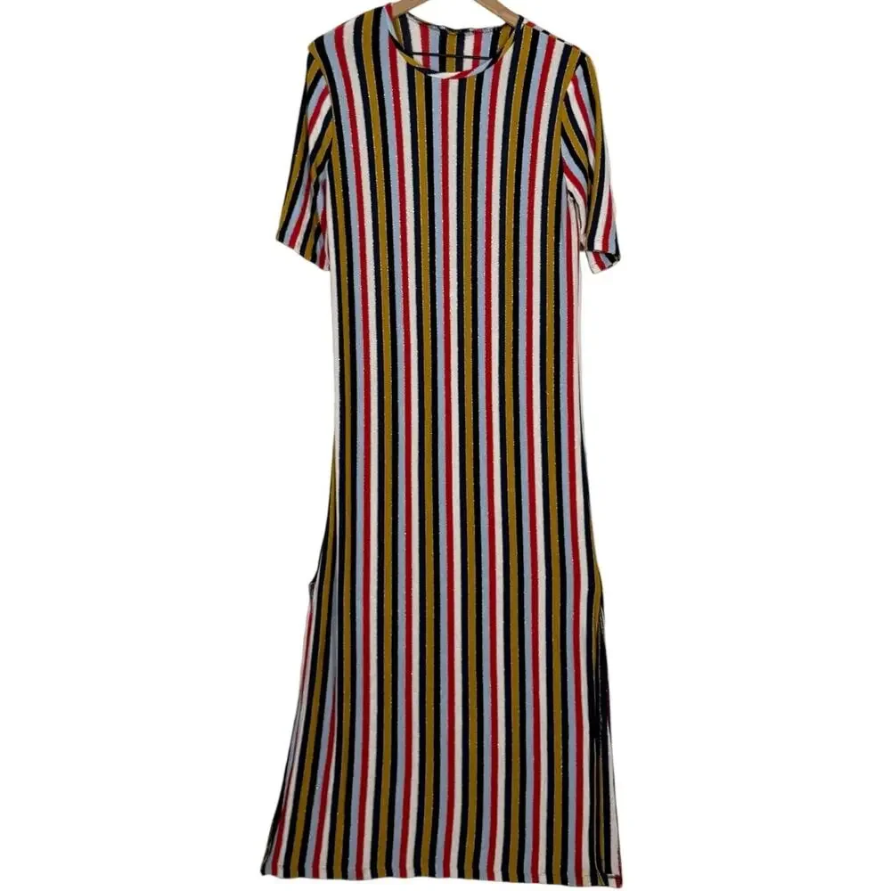 Zara Collection Midi Dress Womens Large Multicolor Metallic Striped Short Sleeve